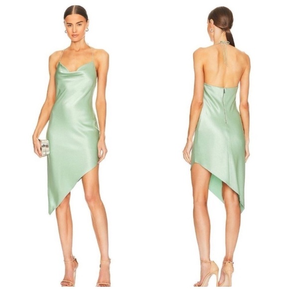 Alice And Olivia Harmony Asymmetrical Slip Dress in Sage Green - Picture 1 of 12
